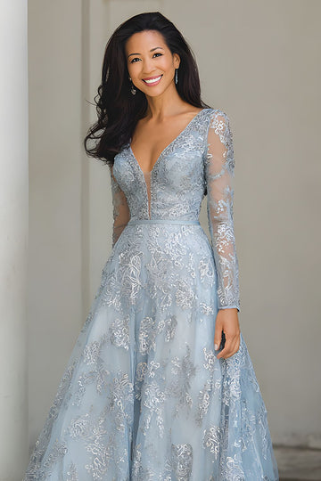 Argent A Ligne Col V Longue Robe Mère de la Mariée avec Appliques